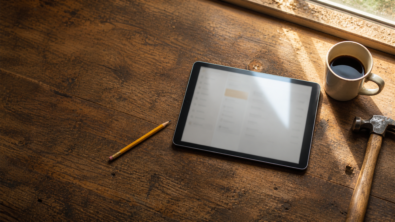 Werkbank mit Tablet. Craftity läuft direkt vom Arbeitsplatz aus